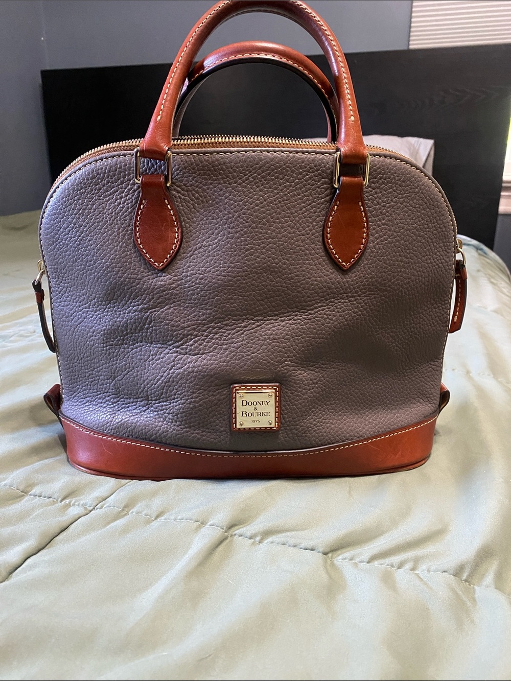 Dooney & Bourke Gray Pebble Leather Satchel with Brown Trim
